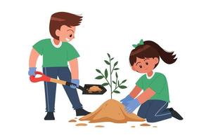 niños plantando árbol juntos dibujos animados vector