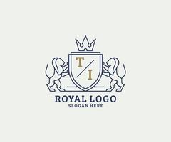 Initial TI Letter Lion Royal Luxury Logo template in vector art for Restaurant, Royalty, Boutique, Cafe, Hotel, Heraldic, Jewelry, Fashion and other vector illustration.