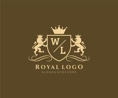 Initial WL Letter Lion Royal Luxury Heraldic,Crest Logo template in vector art for Restaurant, Royalty, Boutique, Cafe, Hotel, Heraldic, Jewelry, Fashion and other vector illustration.