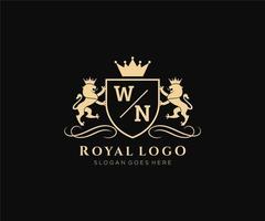 inicial wn letra león real lujo heráldica,cresta logo modelo en vector Arte para restaurante, realeza, boutique, cafetería, hotel, heráldico, joyas, Moda y otro vector ilustración.