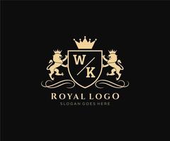 Initial WK Letter Lion Royal Luxury Heraldic,Crest Logo template in vector art for Restaurant, Royalty, Boutique, Cafe, Hotel, Heraldic, Jewelry, Fashion and other vector illustration.