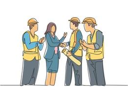 One line drawing of young business woman and architect builder wearing construction vest helmet handshake to deal project. Great teamwork concept. Continuous line drawing, vector graphic illustration