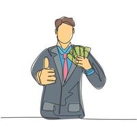 un dibujo de línea de un joven hombre de negocios feliz sosteniendo una pila de papel de dinero y da un gesto de pulgar hacia arriba. concepto de éxito empresarial. Ilustración de vector de diseño de dibujo de línea continua