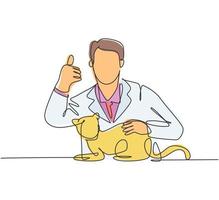 un dibujo de línea del joven médico veterinario feliz posan los pulgares para arriba gesto después de tratar a un gato enfermo en la clínica. concepto de cuidado de la salud de mascotas. Ilustración de vector de diseño de dibujo de línea continua