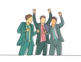 One continuous line drawing of young startup founders and CEO raised their fist into the air to celebrate their success got fund from investor. Business concept single line draw design illustration vector