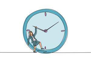 Continuous one line drawing young woman worker hanging on clockwise of giant analog clock. Business time discipline metaphor concept. Single line draw design vector graphic illustration.