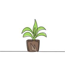 Single one line drawing of potted plants with five growing leaves are used for ornamental plants. Fresh green plants to the eye in the living room. One line draw design graphic vector illustration.