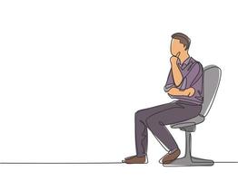 Single continuous line drawing of young male startup founder sitting on office chair and focus thinking company growth strategy. Business thinking concept one line draw design vector illustration