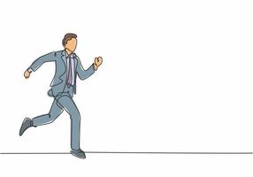 Single continuous single line drawing of young happy businessman opens his hands after running cross the finish line, from side view. Business race concept one line draw design vector illustration