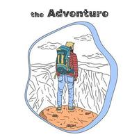 Man with backpack looking up to top of the mountain vector illustration