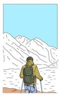 Man with backpack looking up to top of the mountain vector illustration
