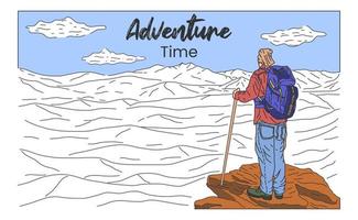 Man with backpack looking up to top of the mountain vector illustration