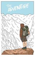 Man with backpack looking up to top of the mountain vector illustration