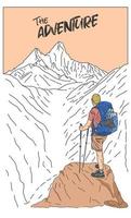 Man with backpack looking up to top of the mountain vector illustration