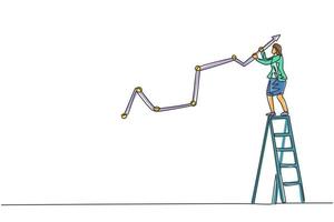 Continuous one line drawing of young female worker climb ladder and draw sales growth graph. Success business manager minimalist concept. Trendy single line draw design vector graphic illustration