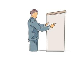 Single continuous line drawing of young sales manager pointing a finger to the infographic on screen board during meeting. Work presentation at office concept one line draw design vector illustration