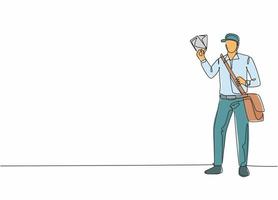 Continuous one line drawing of young mailman pose standing and holding envelopes while bringing bag. Professional job profession minimalist concept. Single line draw design vector graphic illustration