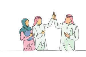 One single line drawing of young muslim employees giving high five gesture to friends. Saudi Arabian businessmen with shmag, kandora, headscarf, thobe. Continuous line draw design vector illustration