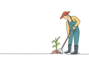 Single continuous line drawing young female farmer shoveled the soil with the plants using a shovel. Farming challenge minimalist concept. Dynamic one line draw graphic design vector illustration.