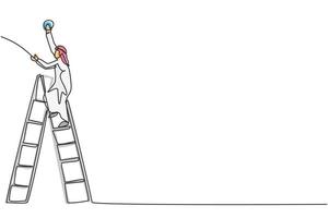 Single continuous line drawing of young Arabian handyman climb the ladder up to fix a bulb lamp. Professional worker. Minimalism concept dynamic one line draw graphic design vector illustration