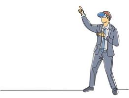 One continuous line drawing of young happy businessman simulates to press button on virtual reality goggles. Modern augmented reality video game concept single line draw design vector illustration