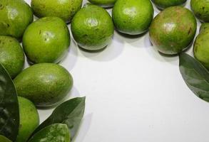 Fresh organic avocados on a green background, top view with copy space photo