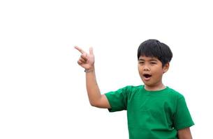 The boy smiled and pointed his hand to his side. on a white background photo