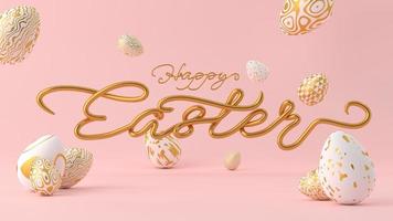 Easter egg and gold text on pink background. Happy easter concept. 3D render photo