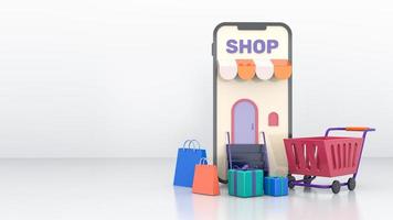 3D illustration mobile shopping. 3d stage with shop and shoping photo