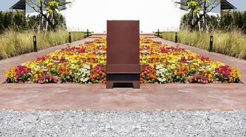 Outdoor blank welcome sign entrance to coffee shop with colorful flower background photo