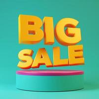 Big sale icon sign floating on blue product display podium pedestal 3d render illustration photo