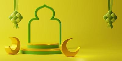 3d product display and mosque and crescent moon islamic decorative element with empty space for greeting promotion sale campaign on yellow background photo