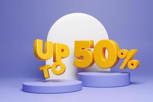 Up to 50 percent off sign floating on light purple product display podium pedestal 3d illustration photo