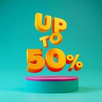 Up to 50 percent off sign on blue product display podium pedestal 3d render illustration photo