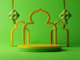 3d green theme with empty product display and islamic festival decorative element for Ramadan Kareem promotion sale advertising campaign photo