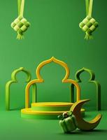 3d illustration product display with mosque and crescent moon muslim Islamic festival decorative element on green background ramadan eid mubarak promotion sale advertising design photo