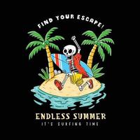 Vector illustration of Skeleton enjoying the summer time at beach for T-shirt designs, web design or print. Find your escape, endless summer, it's surfing time