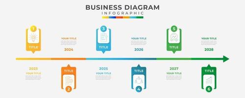 6 Steps Modern timeline diagram calendar with annual topic and icon symbols, presentation vector infographics. Infographic template for business.