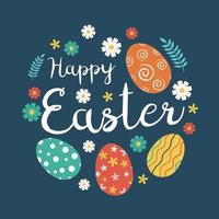 Happy Easter Background with Colorful Eggs and Flowers vector