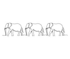 abstract three elephants walking one after another in a row , hand-drawn, continuous monoline, drawing in one line vector