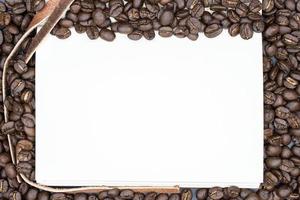 A book open the empty page with frame coffee beans background. photo