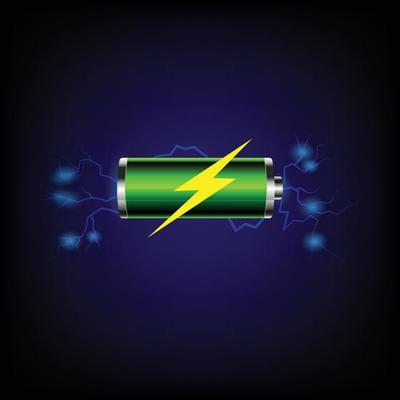 battery releases electrical energy, green battery with lighting bolt, battery charging power.