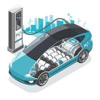 Green Hydrogen fuel cell car stop at Refual Charging Station Ecology cut inside show H2 storage tank with city background Ecology Concept isometric isolated vector