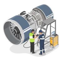 Aircraft engineer planning with mechanician to maintenance turbine jet engine engineering  technicians service airplane isometric isolated on white vector