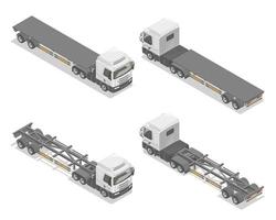 Semi trailer Truck and flatbed isometric front and rear Top view no container blank isolated illustration on white set Cartoon vector