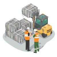 Garbage Plastic sorting and recycling management compressed garbage piles using forklift in recycle industry environmental career illustration isometric isolate vector