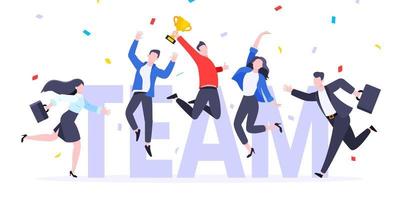 Happy business employee team winners award ceremony flat style design vector illustration.