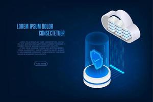 Vector isometric cloud storage security with shield concept Technology abstract background.