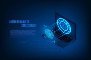 Vector isometric technology cyber security online banking concept. Fingerprint on circuit board with laptop