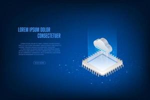 Vector isometric cloud storage with cpu microchip digital and technology concept.